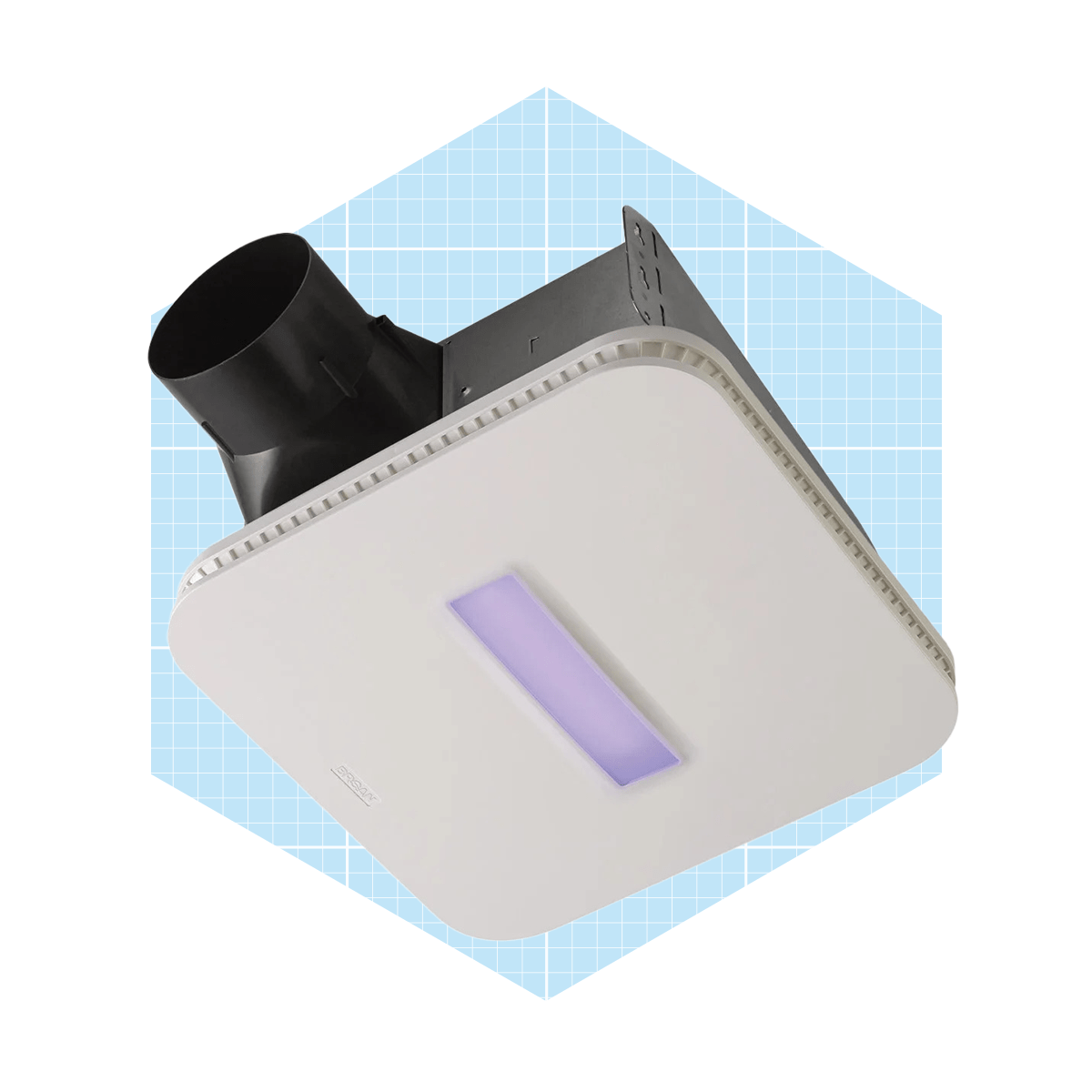 A square ceiling light fixture, mounted upside down, emits a soft glow from a central panel, set against a light blue grid background.