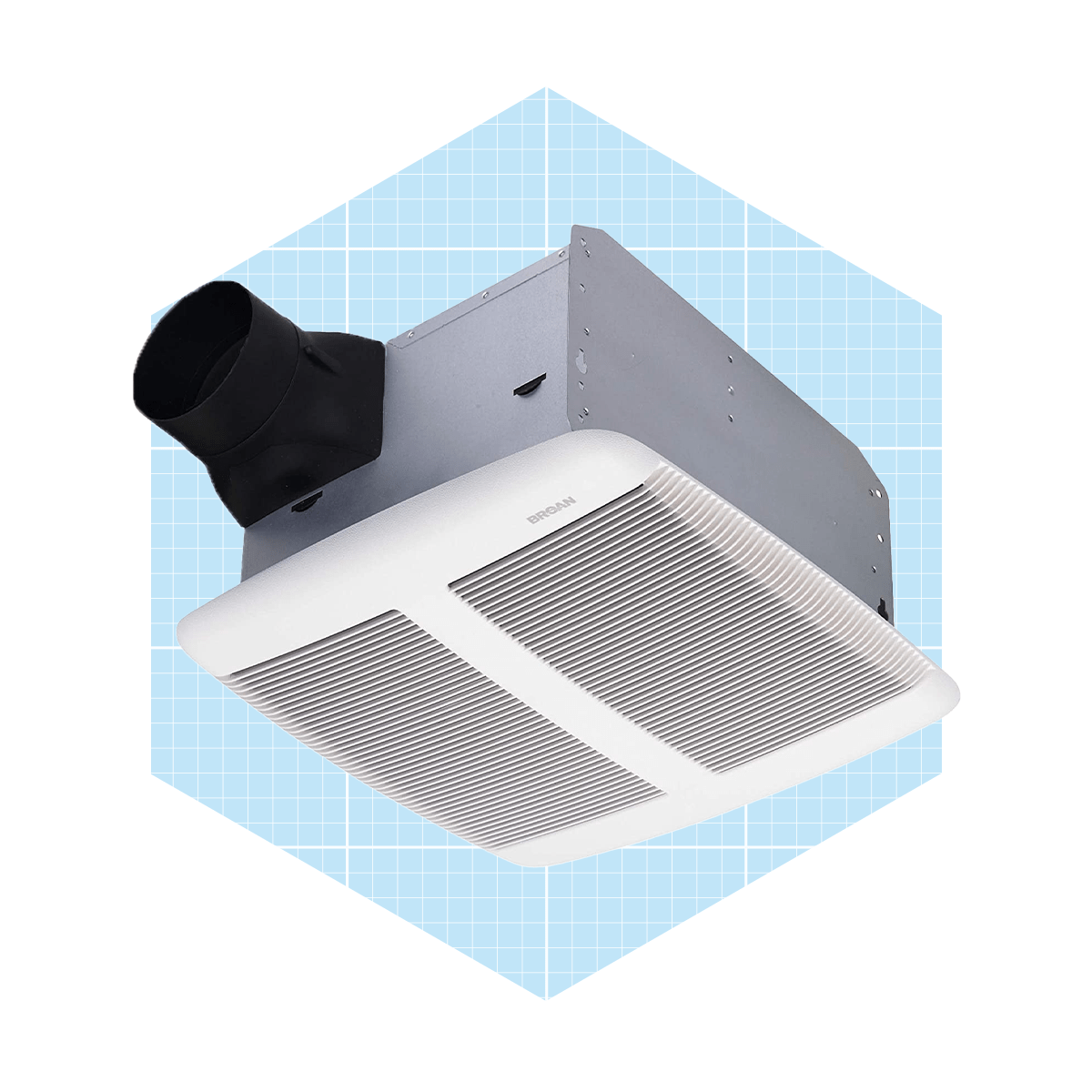 A ceiling exhaust fan, featuring a white grille and black vent, is mounted overhead against a light blue grid background.