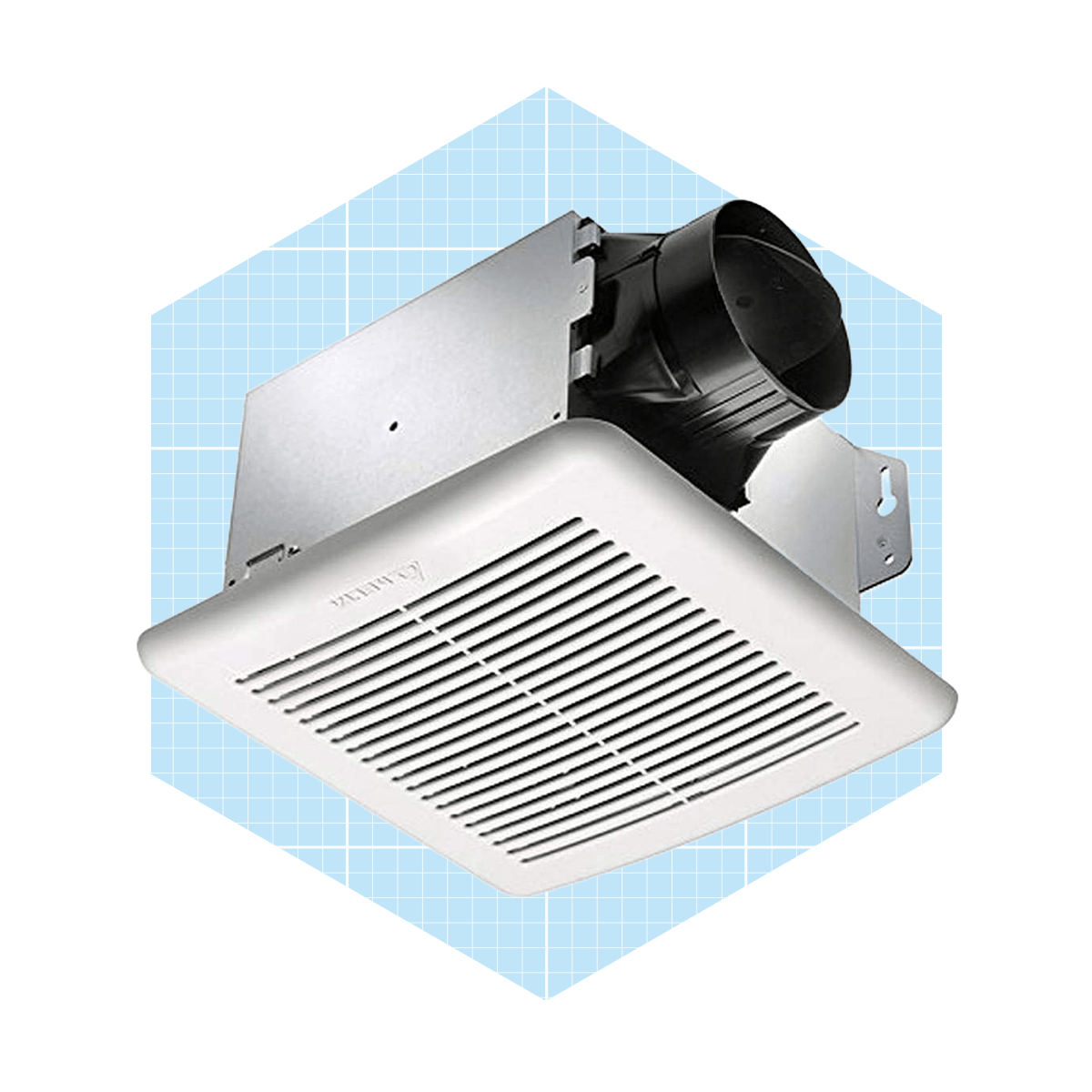 A ceiling-mounted exhaust fan expels air, featuring a slatted grate and an attached duct, against a light blue grid background.