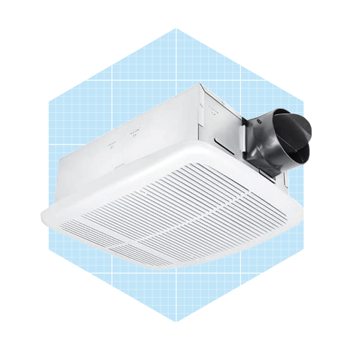 A ceiling exhaust fan circulates air, mounted in a bright blue, grid-patterned background, providing ventilation in a bathroom or kitchen environment.