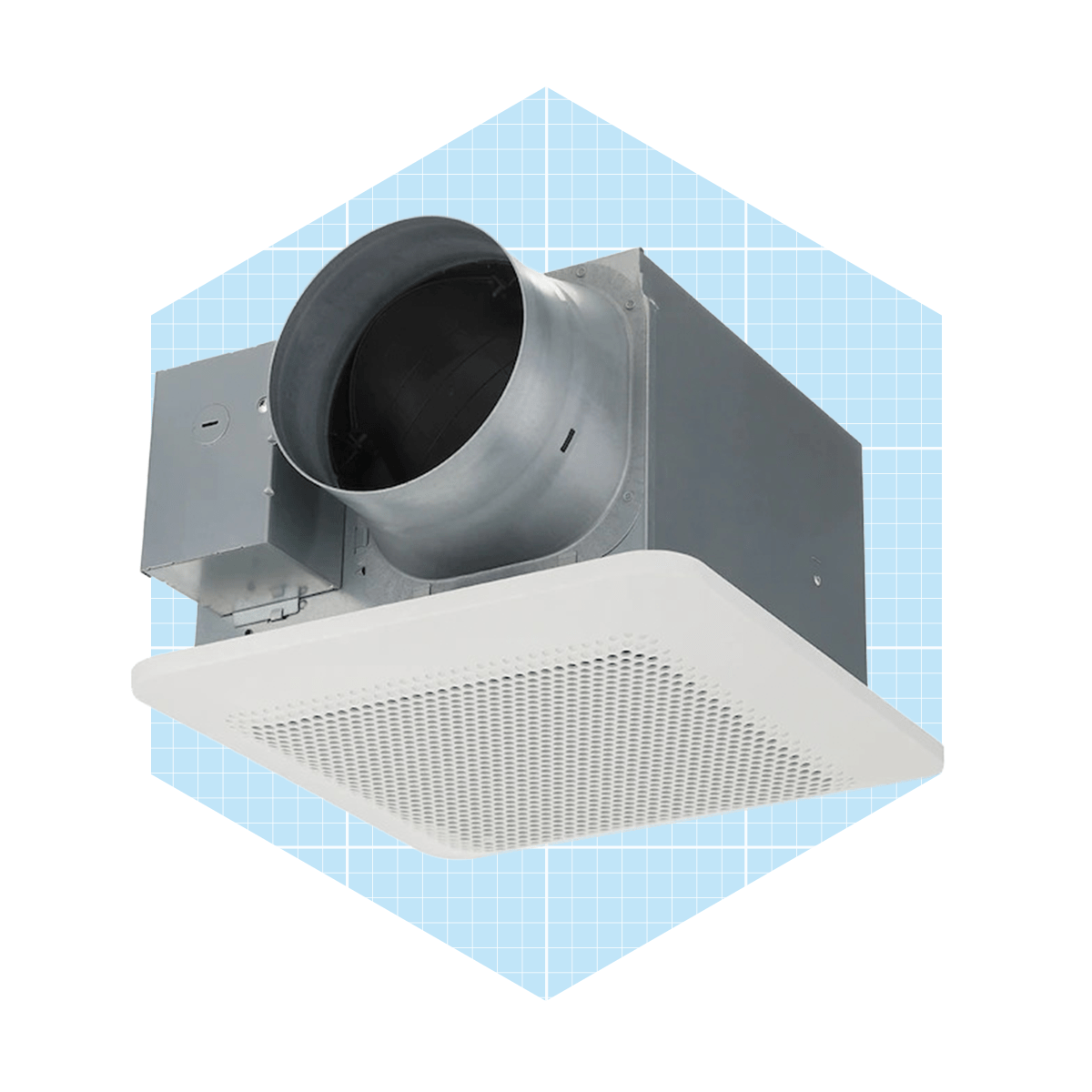 A ceiling-mounted ventilation fan, designed for air circulation, is positioned against a light blue grid background, emphasizing its functional purpose.