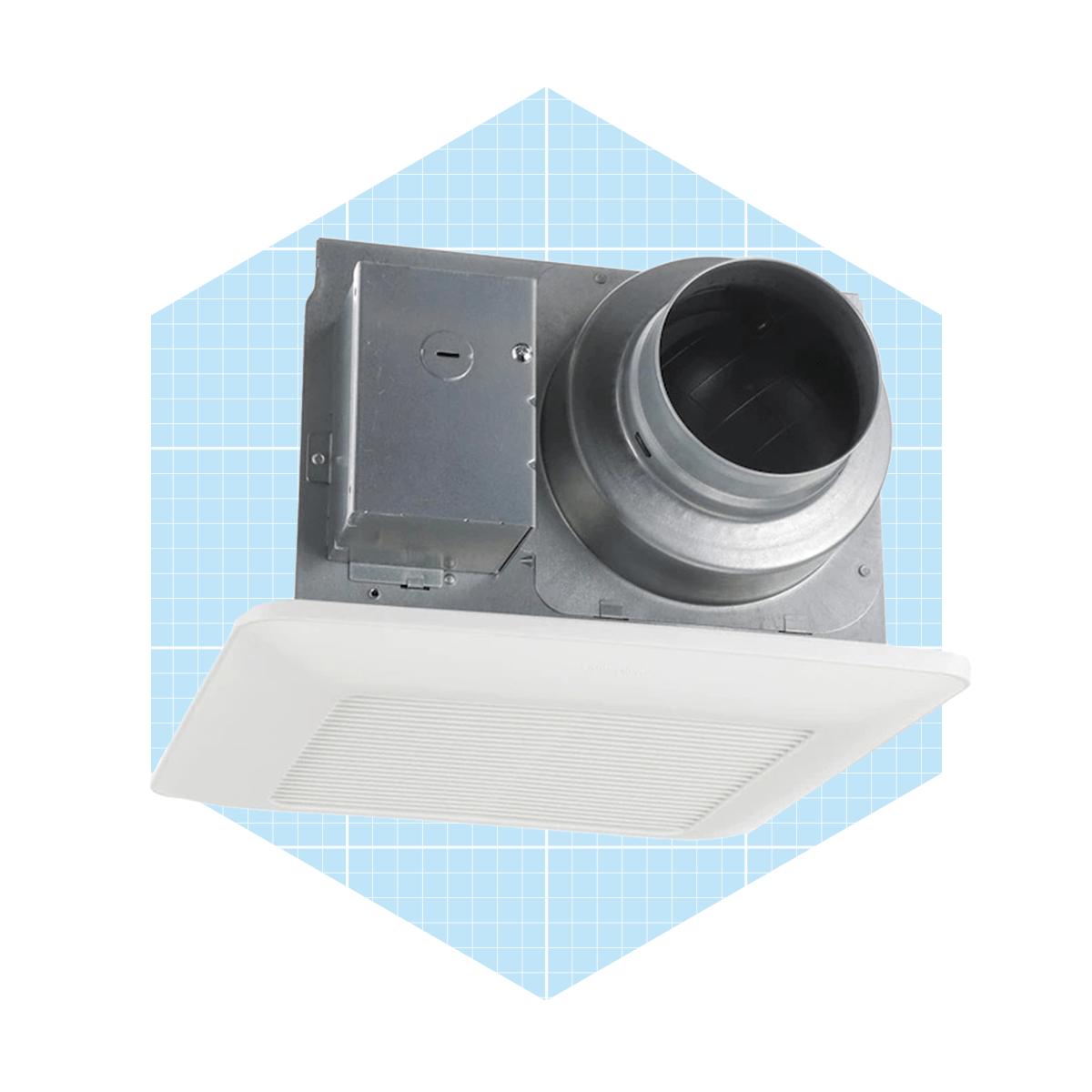 A bathroom exhaust fan is positioned upside down, showing its motor and duct attachment against a light blue grid background.