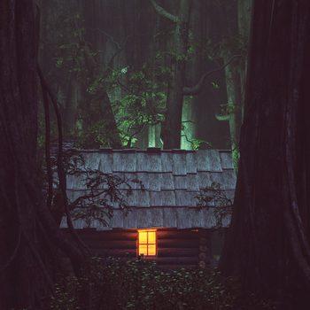 A small wooden cabin glows warmly from a window, surrounded by dense, dark forest with tall trees and lush greenery, creating an eerie yet inviting atmosphere.