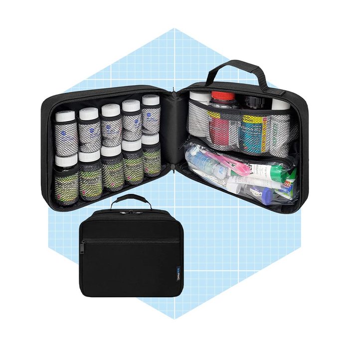 A black carrying case opens to reveal bottles and assorted items organized in mesh pockets, set against a light blue geometric background.