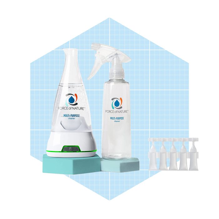 A multi-purpose cleaner kit includes a spray bottle and a device for mixing, set against a light blue grid background.