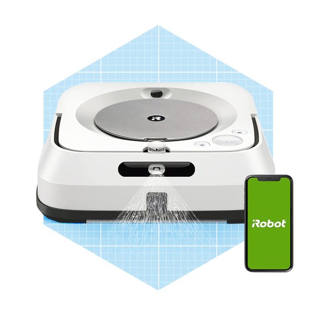 A white robot cleaner sprays water while connected to a smartphone, set against a light blue grid background, suggesting advanced cleaning technology.