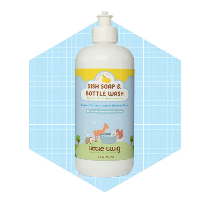 A bottle of dish soap and bottle wash stands upright, promoting natural cleaning. The background features a light blue grid pattern, enhancing its kid-friendly design.