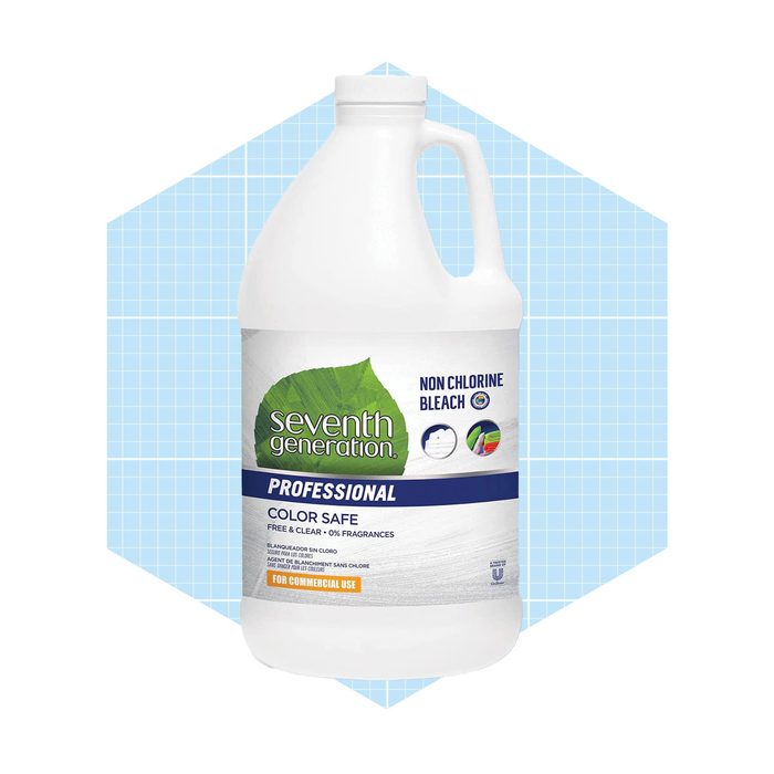 A large bottle of non-chlorine bleach stands against a light blue grid background, labeled 