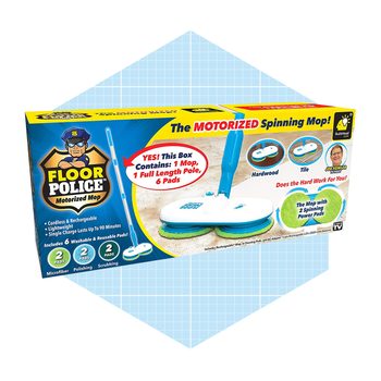 A box displays a motorized mop, featuring a lightweight design, detachable pole, and six reusable pads, suitable for hardwood and tile surfaces.