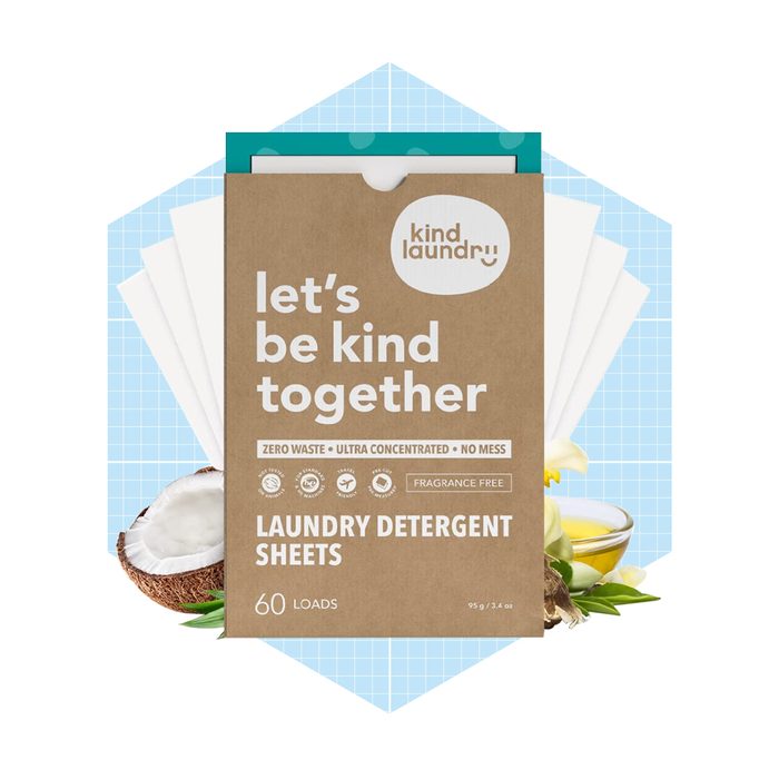A box of laundry detergent sheets is displayed, highlighting eco-friendly features and offering 60 loads of cleaning. The background is light blue grid pattern.