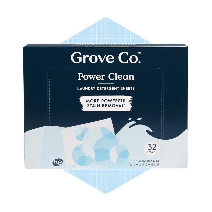 A box of laundry detergent sheets labeled 