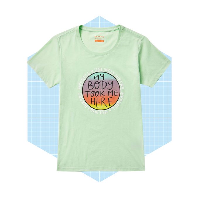 A light green t-shirt features the text 