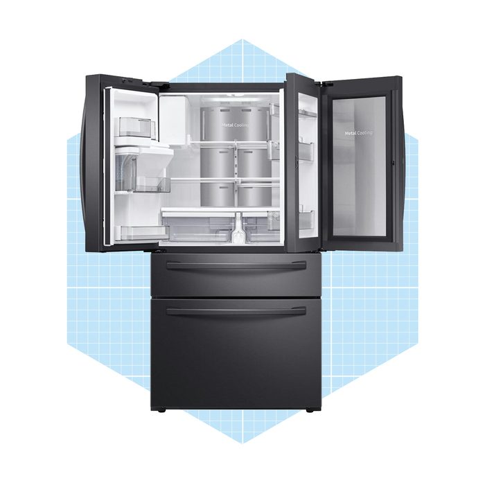 A black refrigerator stands open with two doors and two bottom drawers, revealing empty shelves inside. It is set against a light blue grid background.