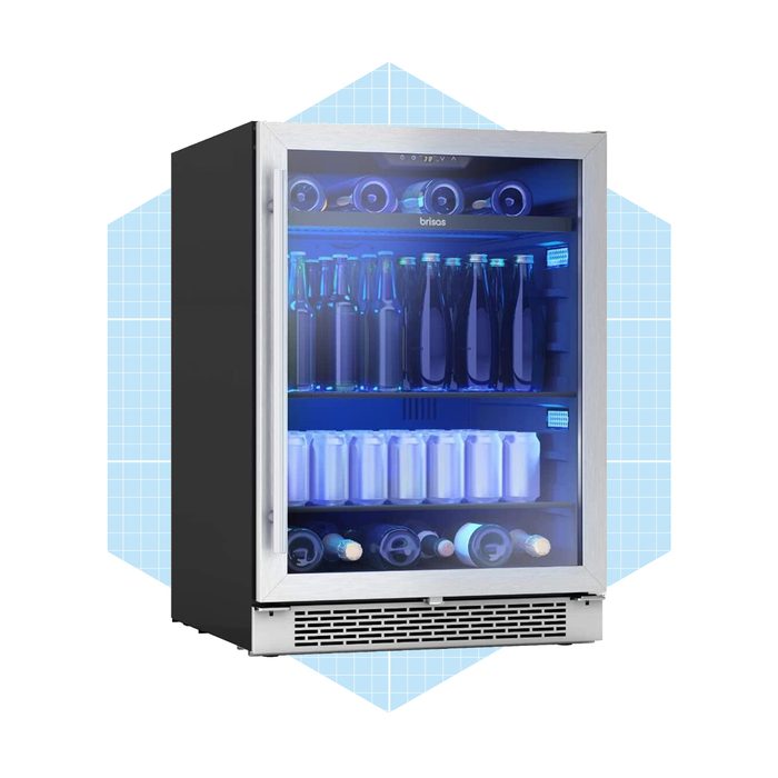 A beverage refrigerator displays various bottles and cans, illuminated by blue lighting, set against a light blue geometric background.