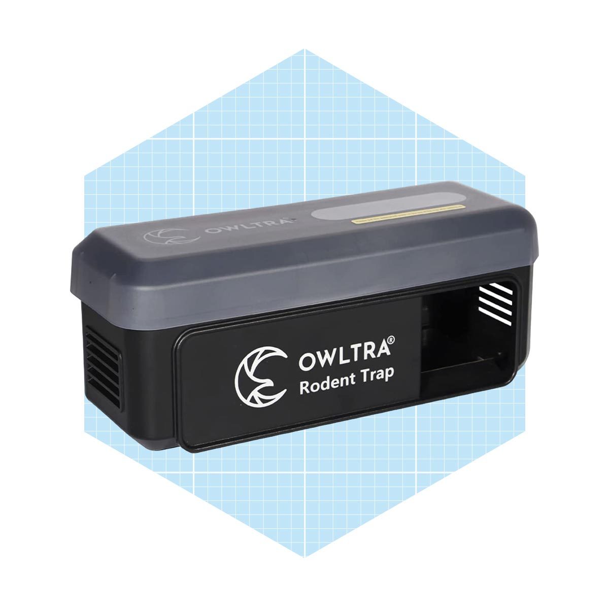 A rodent trap sits on a light blue background, designed for catching pests. It features a gray top and black front with branding.