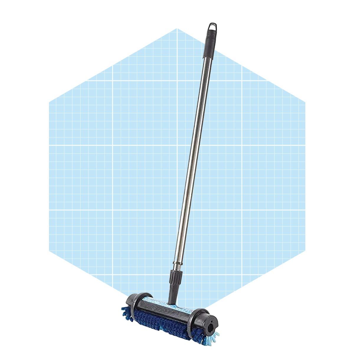A cleaning roller with a long handle is positioned upright against a light blue, grid-patterned background, suggesting a product ready for use in maintenance tasks.
