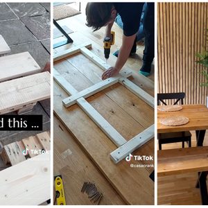 Wooden planks are assembled into a table frame, set in a well-lit room with a potted plant and wooden dining table. Text: 