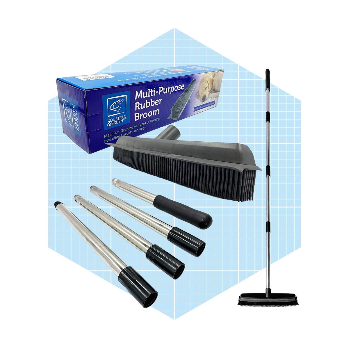 A multi-purpose rubber broom is displayed alongside detachable handles, intended for cleaning various floor types, set against a light blue grid background.
