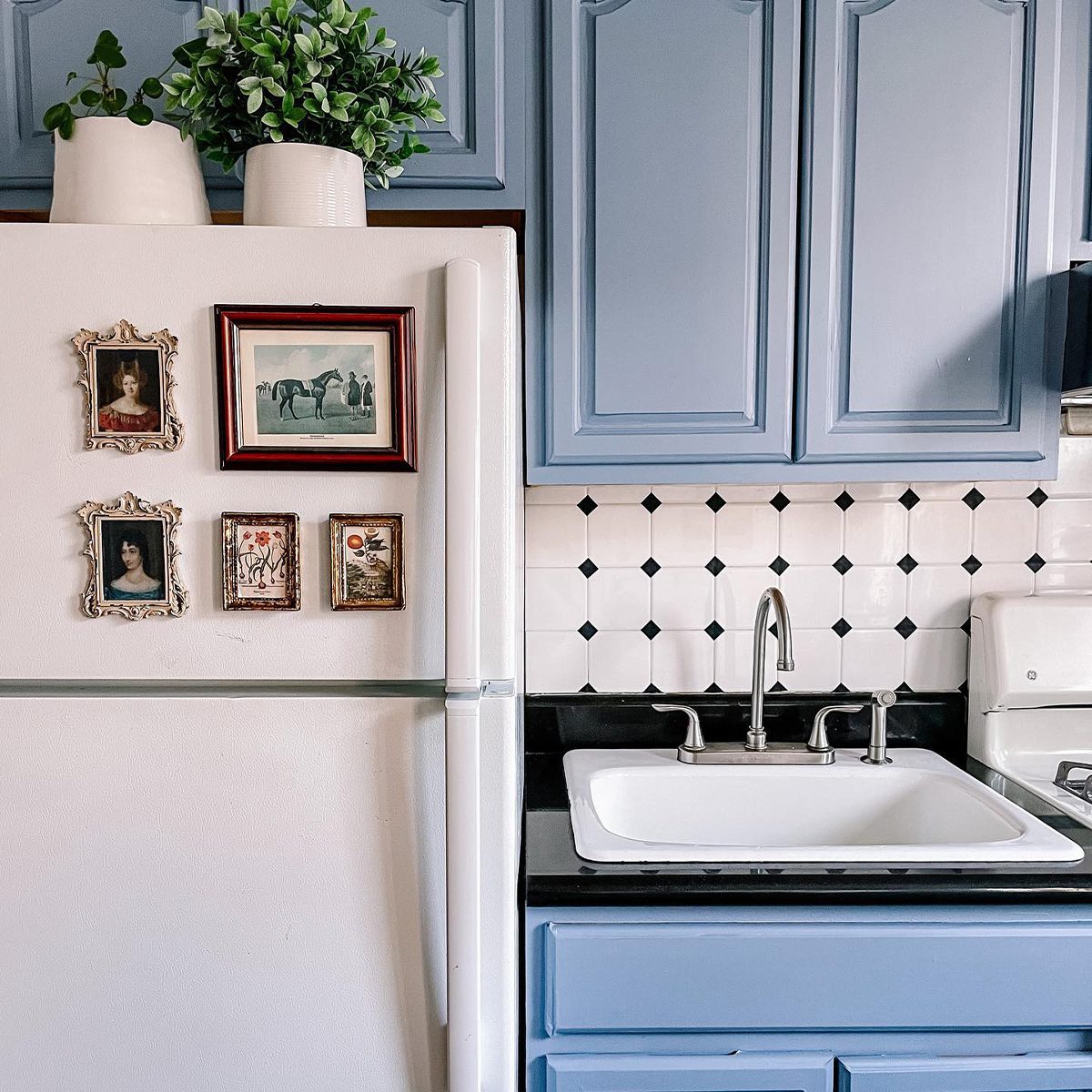 apartment kitchen wit contact blue contact paper covering the cabinets