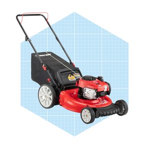 A red lawnmower with a black grass bag sits on a light blue grid background, designed for cutting grass in gardens or lawns.