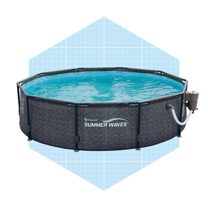 An octagonal pool sits filled with blue water, featuring a black frame and a pump, against a light blue geometric background.