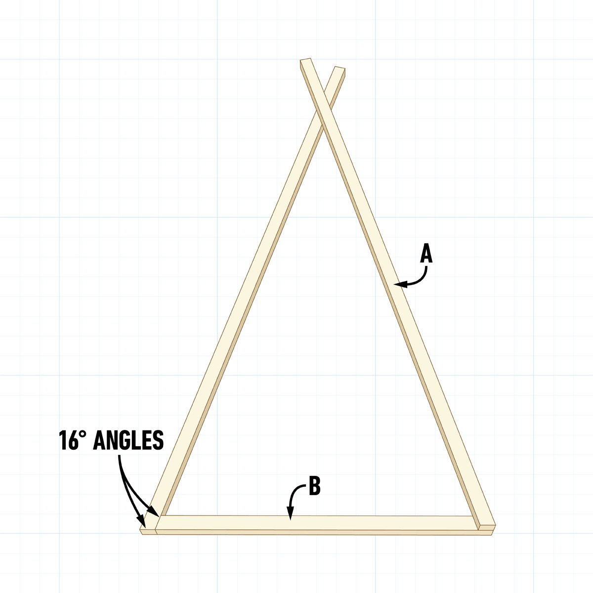Two wooden beams form a triangle shape, with one beam crossing above another. Angles and segments are labeled, set against a grid background.