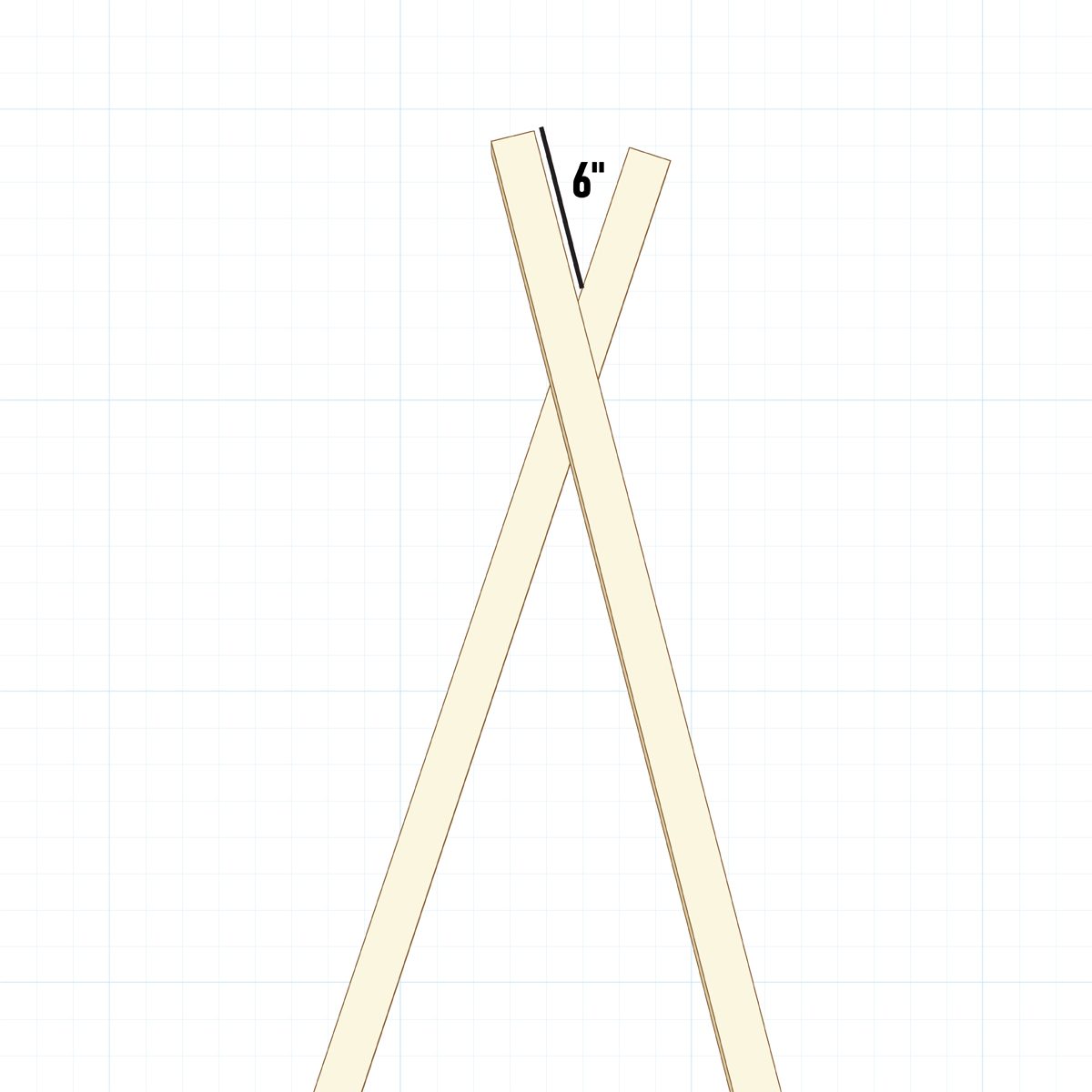 Two crossed wooden pieces form a triangular structure, measuring six inches at the top, against a blank grid background.