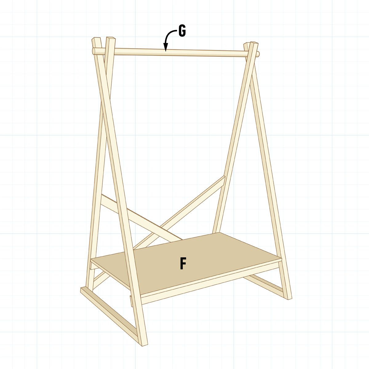 A wooden frame with a horizontal bar and a lower shelf is displayed, indicating an assembly structure for storage or display. Labels 'F' and 'G' are marked.