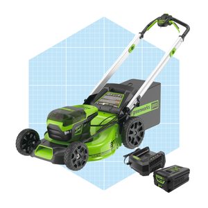 A green and black electric lawn mower stands on a light blue geometric background, accompanied by two batteries and a charger, showcasing its features and accessories.