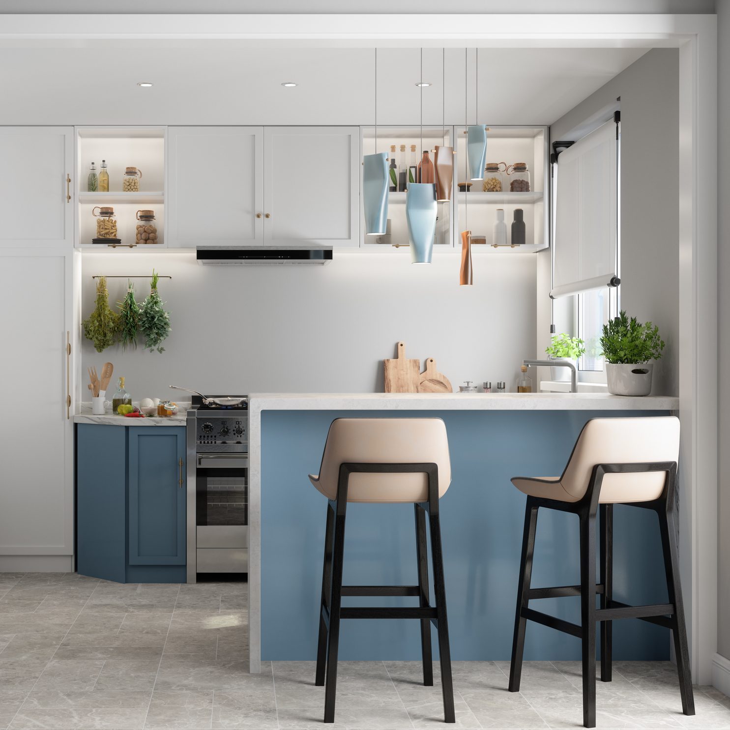 A modern kitchen features a marble countertop with two stools, a stovetop, and various decorative items on shelves, illuminated by overhead lights.