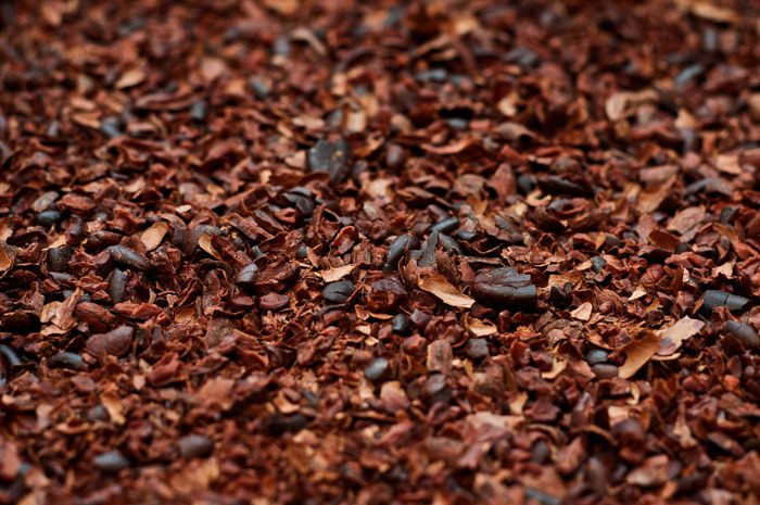 Brown cocoa shell pieces are scattered closely together, creating a textured, organic surface, with some dark cocoa bits interspersed among the lighter fragments.