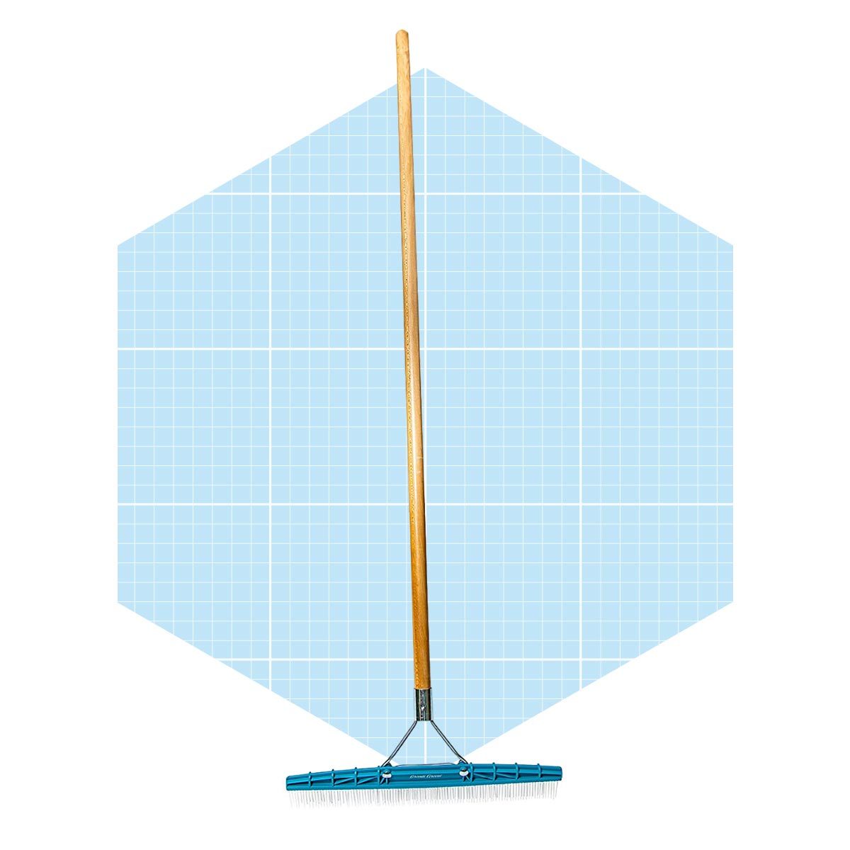 A rake stands upright, its wooden handle supporting a blue head with tines, set against a light blue grid background.