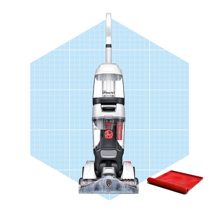 A vacuum cleaner stands upright, designed for pet hair removal. It is placed on a light blue, grid-patterned background with a red cleaning mat nearby.