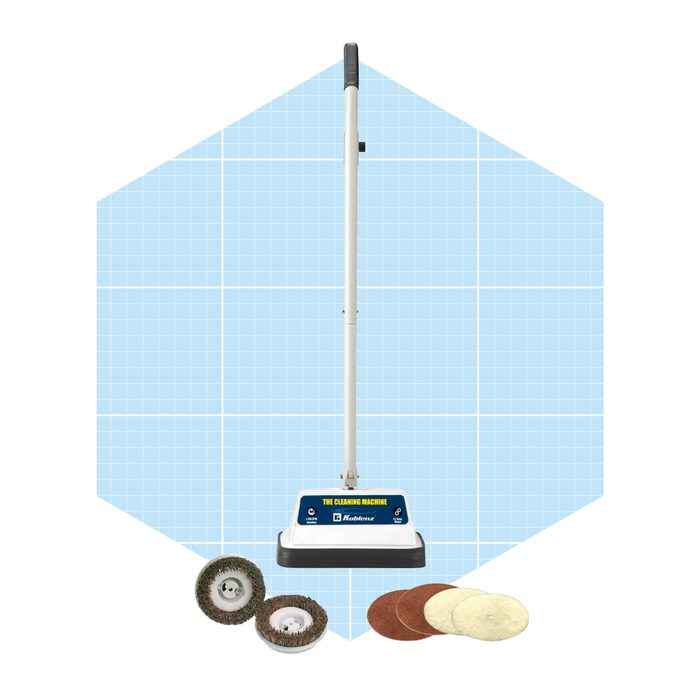 A cleaning machine stands upright, featuring interchangeable pads in various materials, set against a light blue grid background.