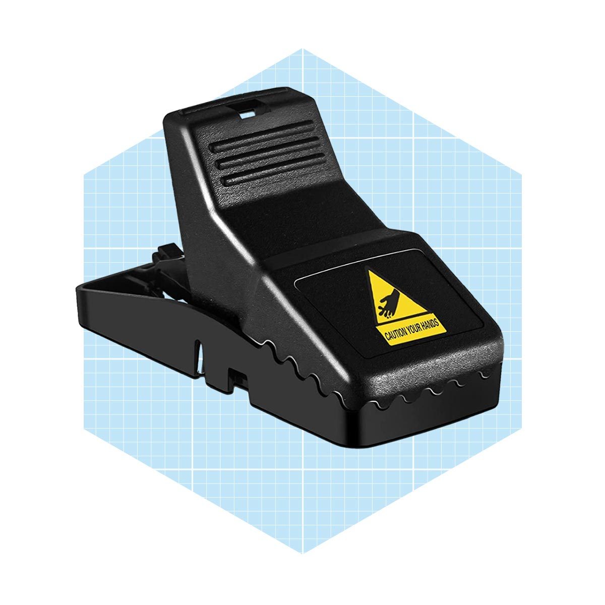 A black foot pedal sits on a light blue grid background, designed for activating machinery. It features a caution symbol warning against hand contact.