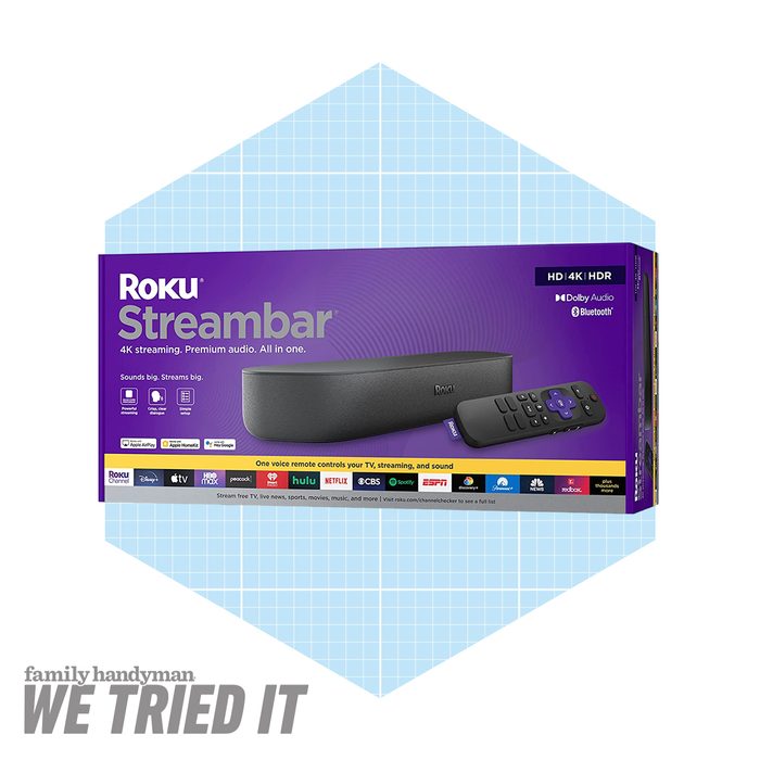 A Roku Streambar is displayed in a purple box, showcasing features for 4K streaming and premium audio, with a remote visible.