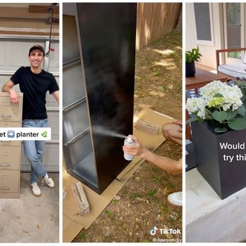 A person transforms a filing cabinet into a planter, spray painting it in a yard, then showcases the finished planter filled with flowers.