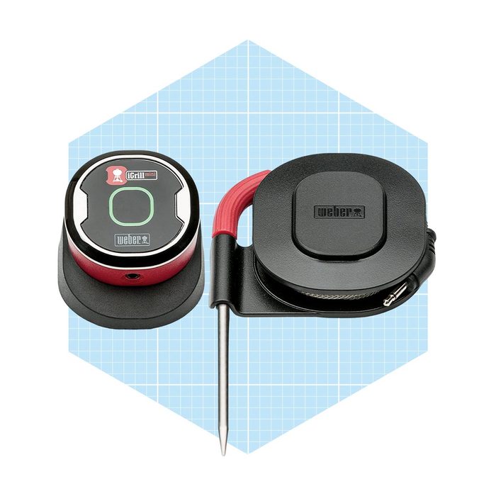 A temperature probe with a round digital display is positioned next to a retractable metal probe, both set against a light blue grid background.