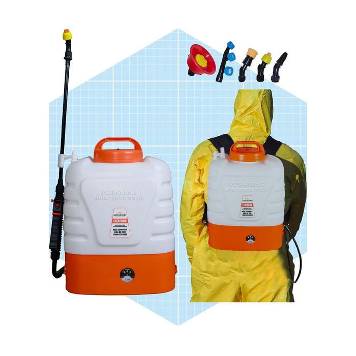 A backpack sprayer is positioned prominently, with a nozzle extended, in a blue grid background. An individual in a protective suit stands behind it.