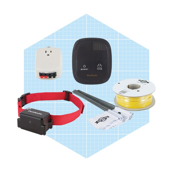 A PetSafe containment system includes a collar, transmitter, flags, and wiring, arranged on a grid-pattern background for instructions on pet containment.