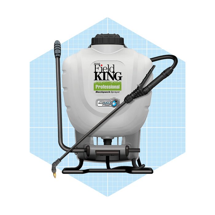 A white backpack sprayer with a long nozzle is positioned centrally, showcasing its professional design against a light blue grid background.