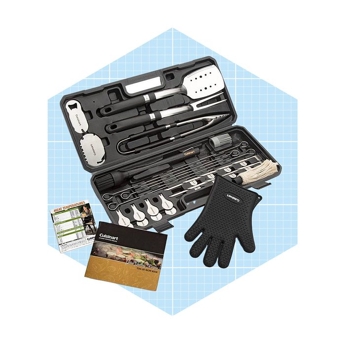 A barbecue toolset with various utensils is displayed alongside a heat-resistant glove and instructional materials, set against a light blue grid background.