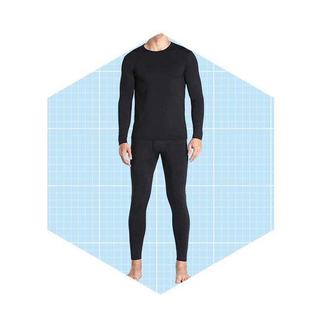 A person is standing with arms at their sides, wearing a black long-sleeve top and fitted pants, against a light blue grid background.