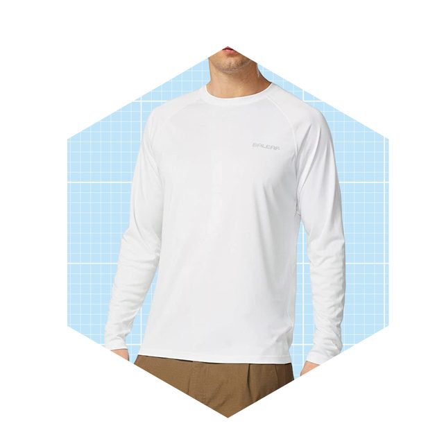 A person wears a white long-sleeve shirt, standing against a light blue grid background, suggesting a casual or athletic context.