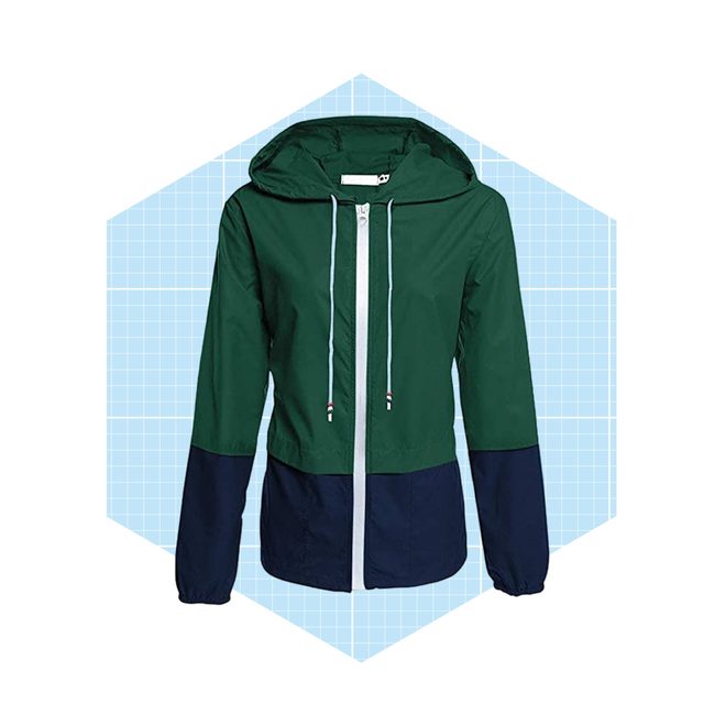 A green and navy hooded jacket is displayed, featuring a zipper in front and drawstrings, set against a light blue grid background.