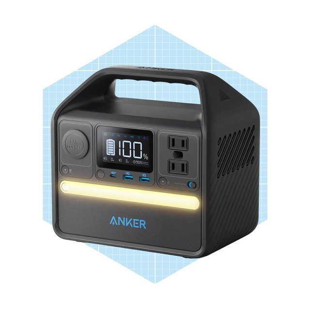 A portable power station displays a fully charged battery percentage, featuring multiple ports for charging devices, set against a light blue geometric background.