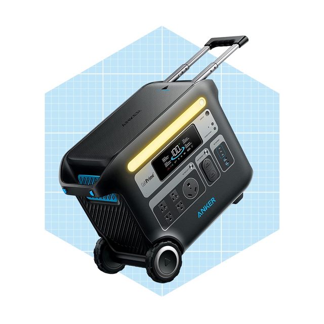 A portable power station with wheels and a retractable handle displays control buttons and power outlets; it is set against a light blue grid background.