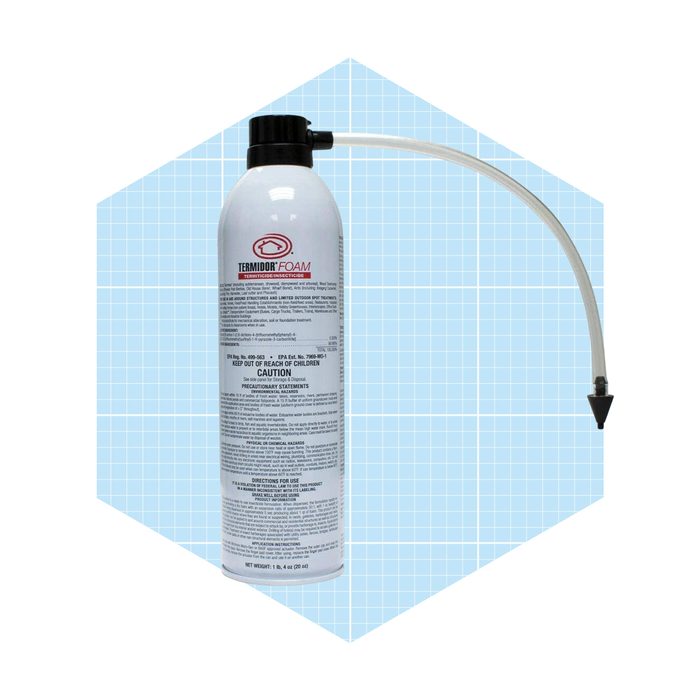 A white aerosol can with a nozzle and a tube is positioned upright against a light blue grid background, indicating it contains a foam insecticide.