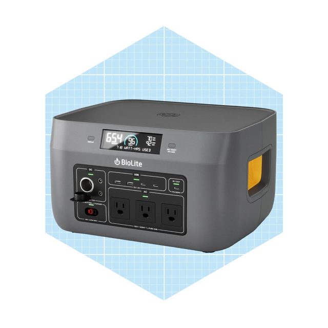 A portable power station displays digital readings and multiple outlet options, designed for charging devices in various settings, enclosed in a geometric backdrop.