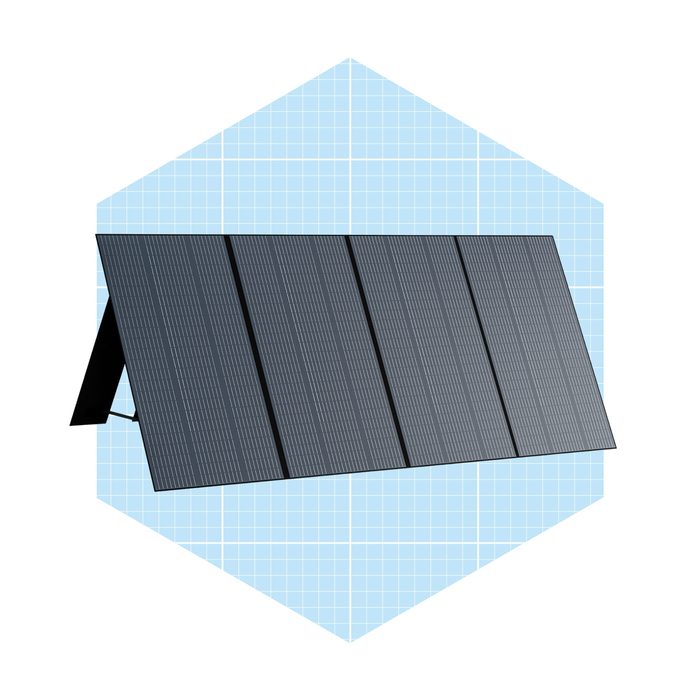 A solar panel tilts forward, capturing sunlight, set against a light blue grid-pattern background, emphasizing its function in renewable energy.